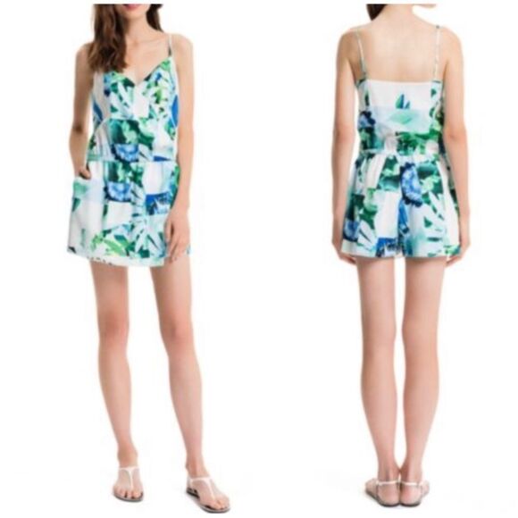 CECE by Cynthia Steffe tropical floral wrap romper blue green Sz 8 NWOT - Picture 3 of 13